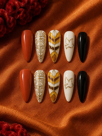 Ivory Dove Gold Linework Press-On Nails - flatlay