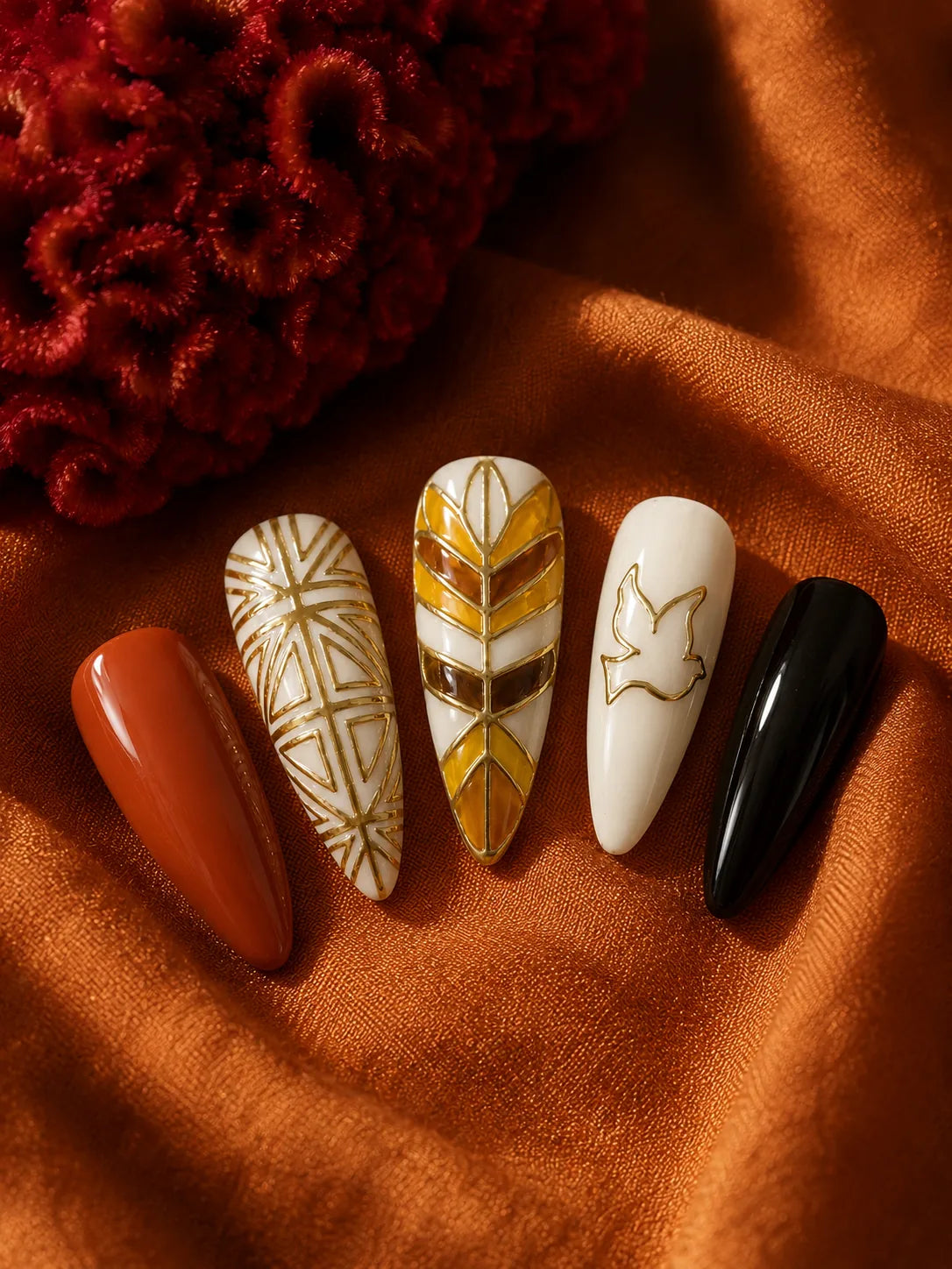 Ivory Dove Gold Linework Press-On Nails - closeup2