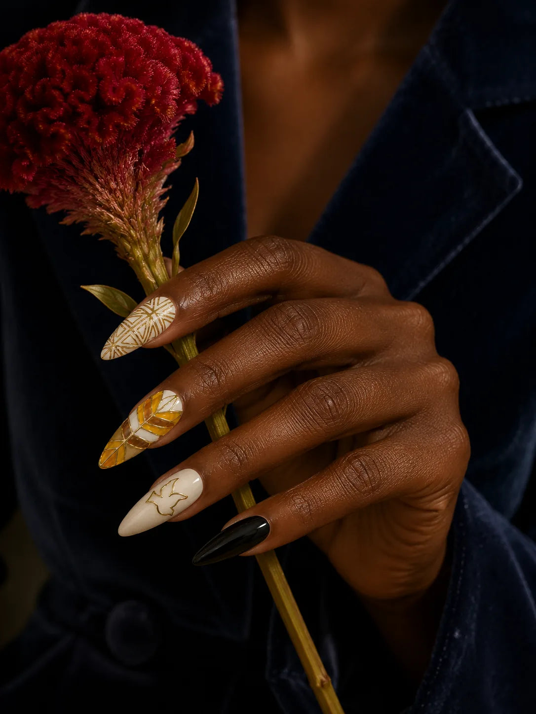 Ivory Dove Gold Linework Press-On Nails - life1