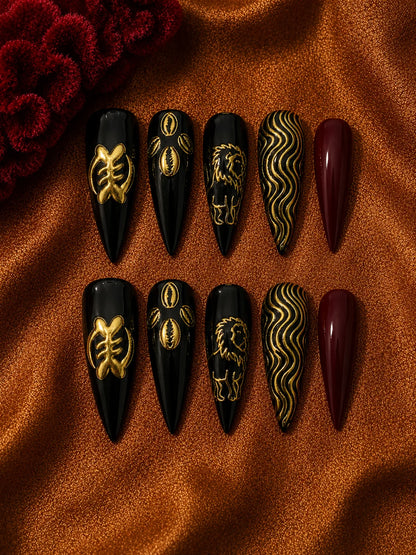 Lion Cowrie - Gold Relief Black Press-On Nails - flatlay