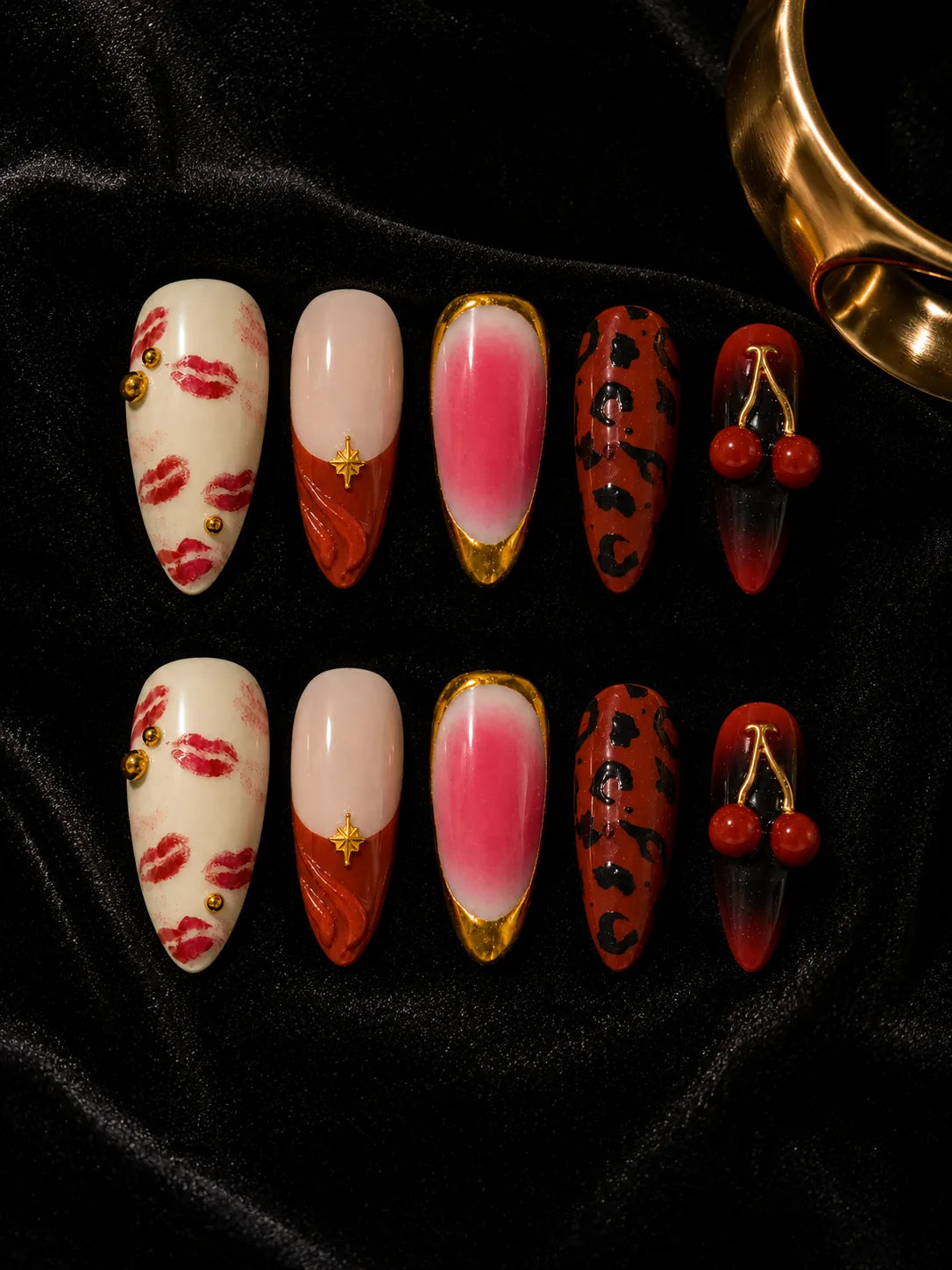 Lipstick Kiss Leopard Cherry Press-On Nails - flatlay