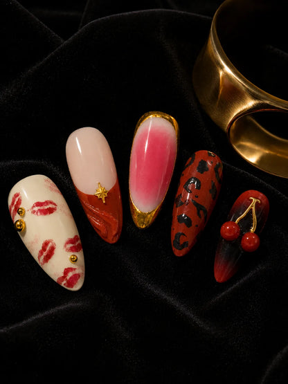 Lipstick Kiss Leopard Cherry Press-On Nails - closeup2