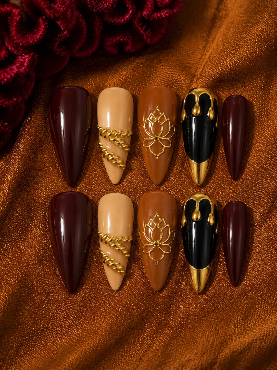 Lotus Rope Gold Botanical Press-On Nails - flatlay