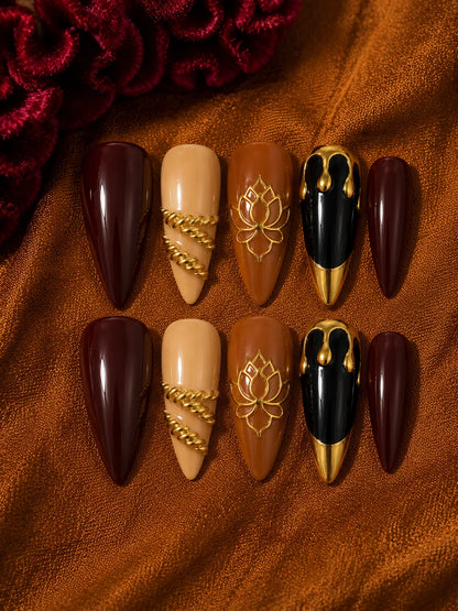 Lotus Rope Gold Botanical Press-On Nails - flatlay