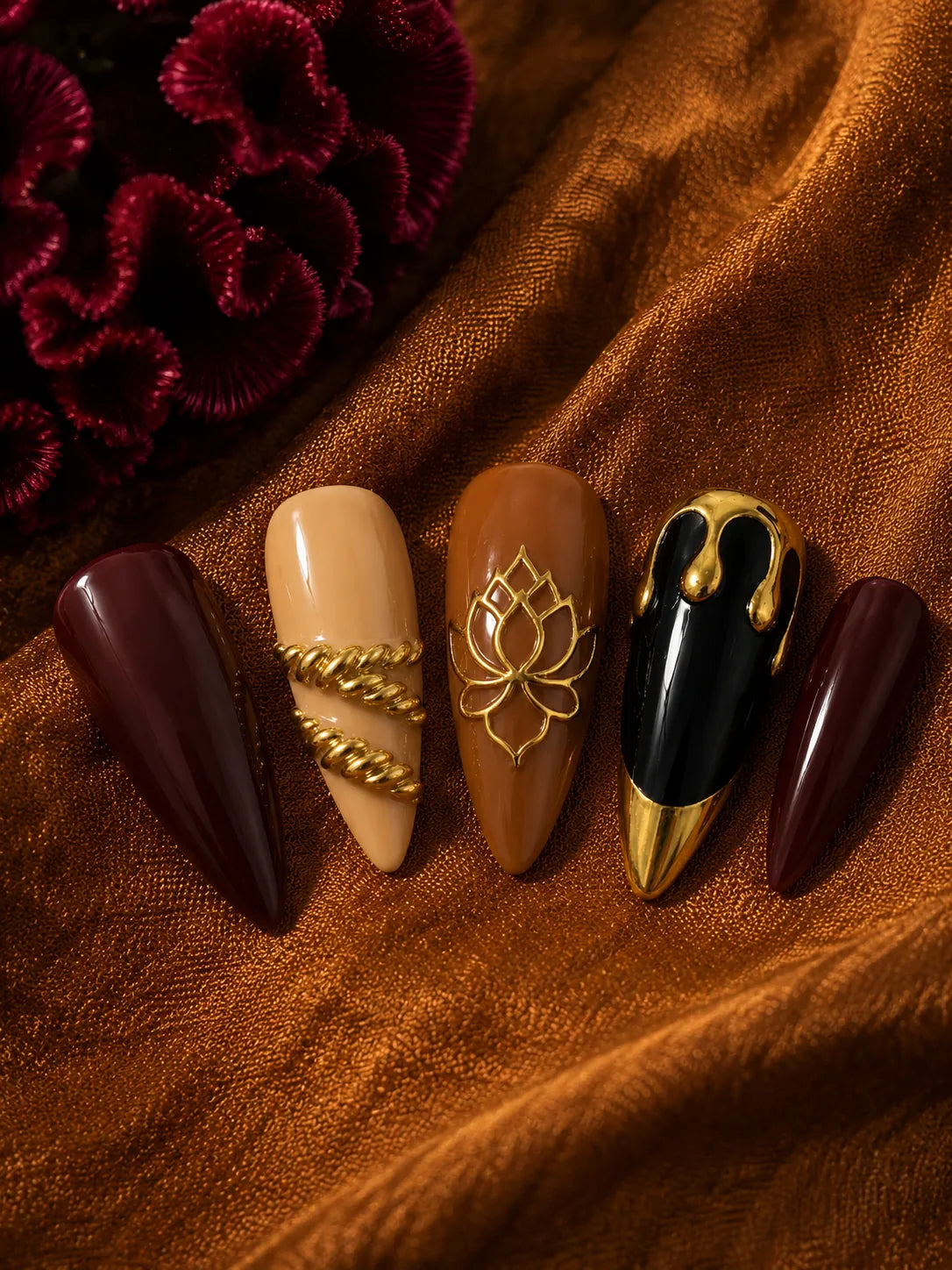 Lotus Rope Gold Botanical Press-On Nails - closeup2