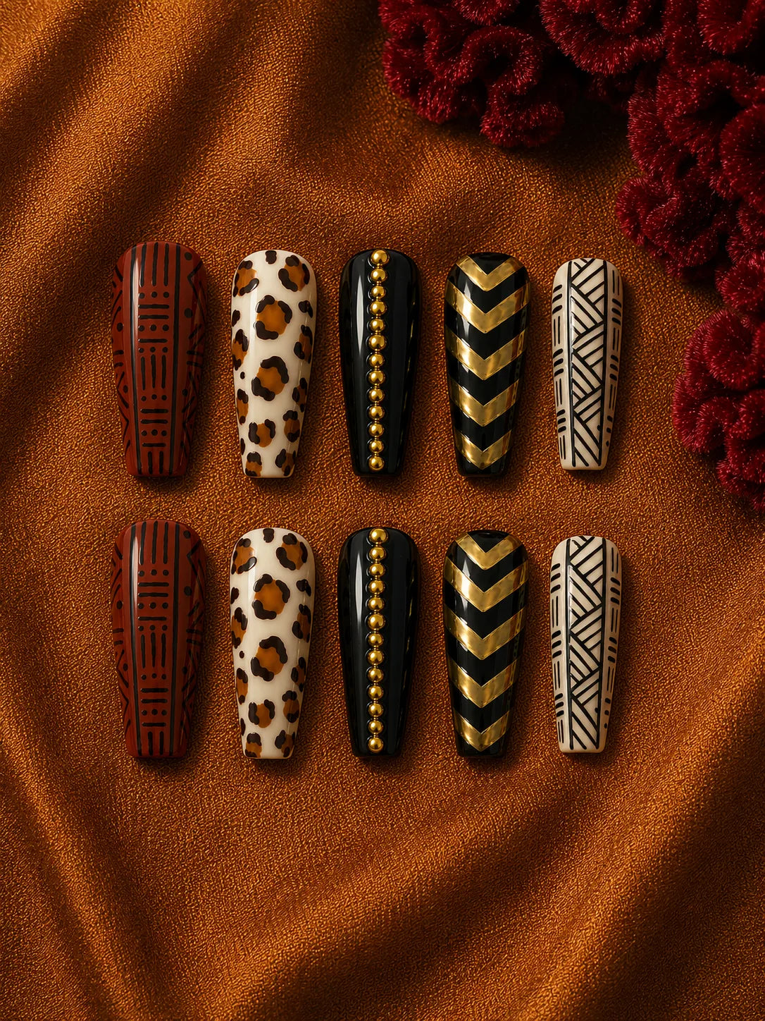 Mudcloth Muse Leopard Chevron Press-On Nails - flatlay
