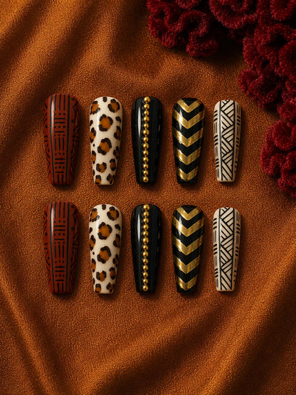 Mudcloth Muse Leopard Chevron Press-On Nails - flatlay
