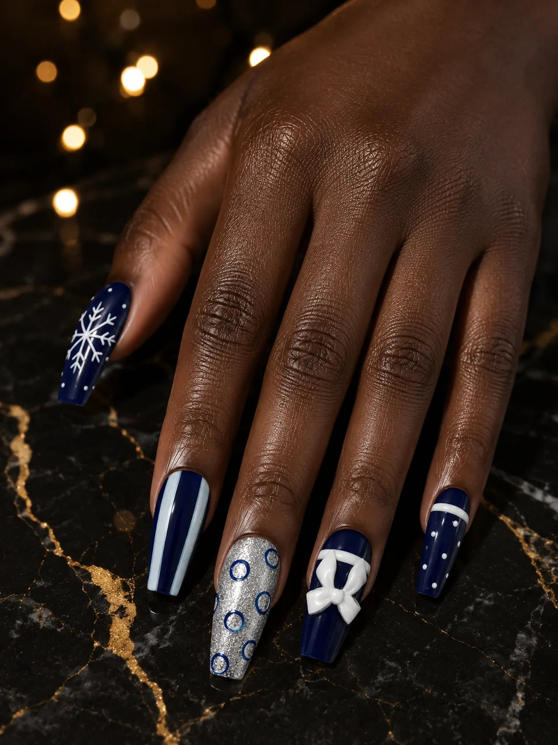 Navy Snow Bow Press-On Nails - hand1