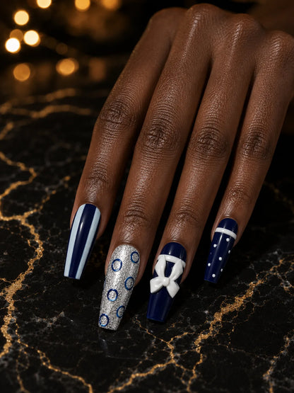 Navy Snow Bow Press-On Nails - hand2