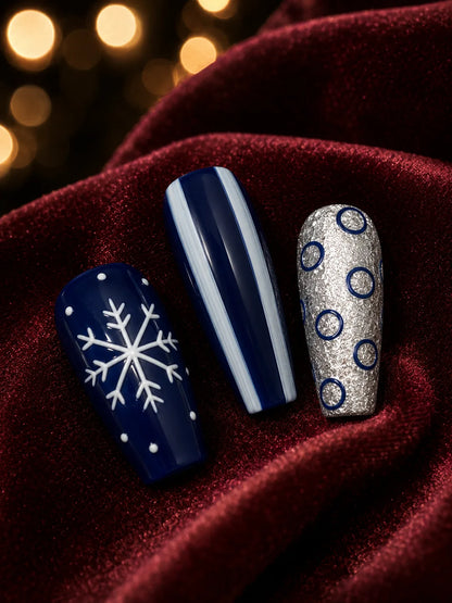 Navy Snow Bow Press-On Nails - closeup