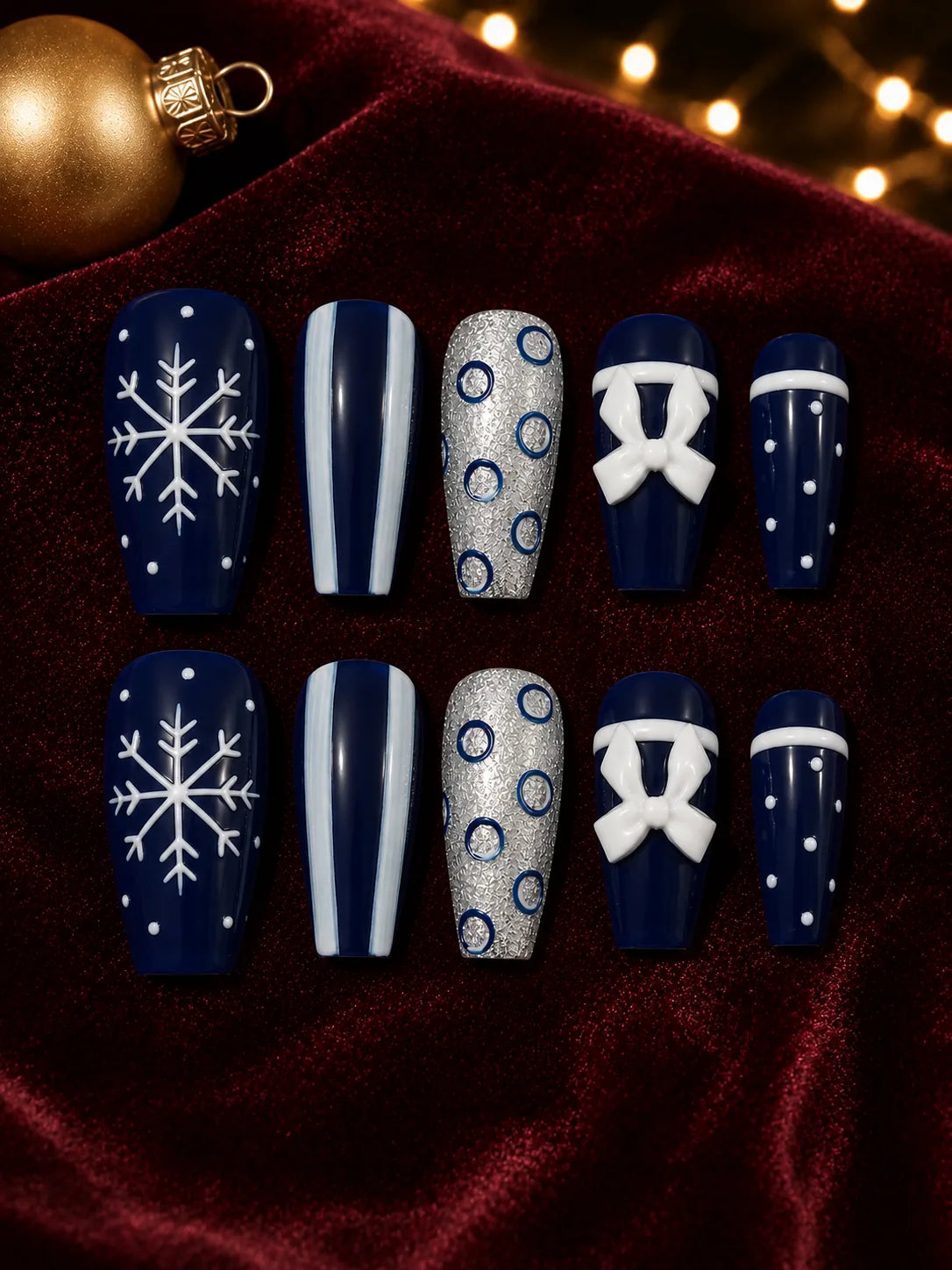 Navy Snow Bow Press-On Nails - flatlay
