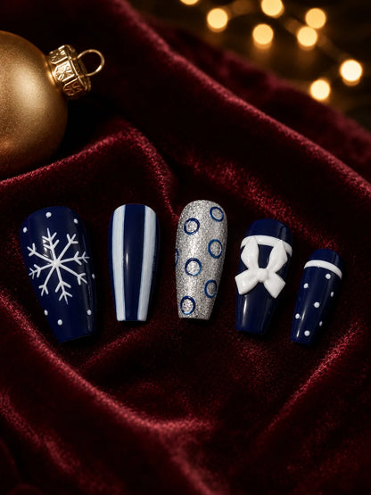 Navy Snow Bow Press-On Nails - closeup2