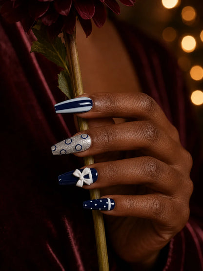 Navy Snow Bow Press-On Nails - life1