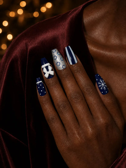 Navy Snow Bow Press-On Nails - life2