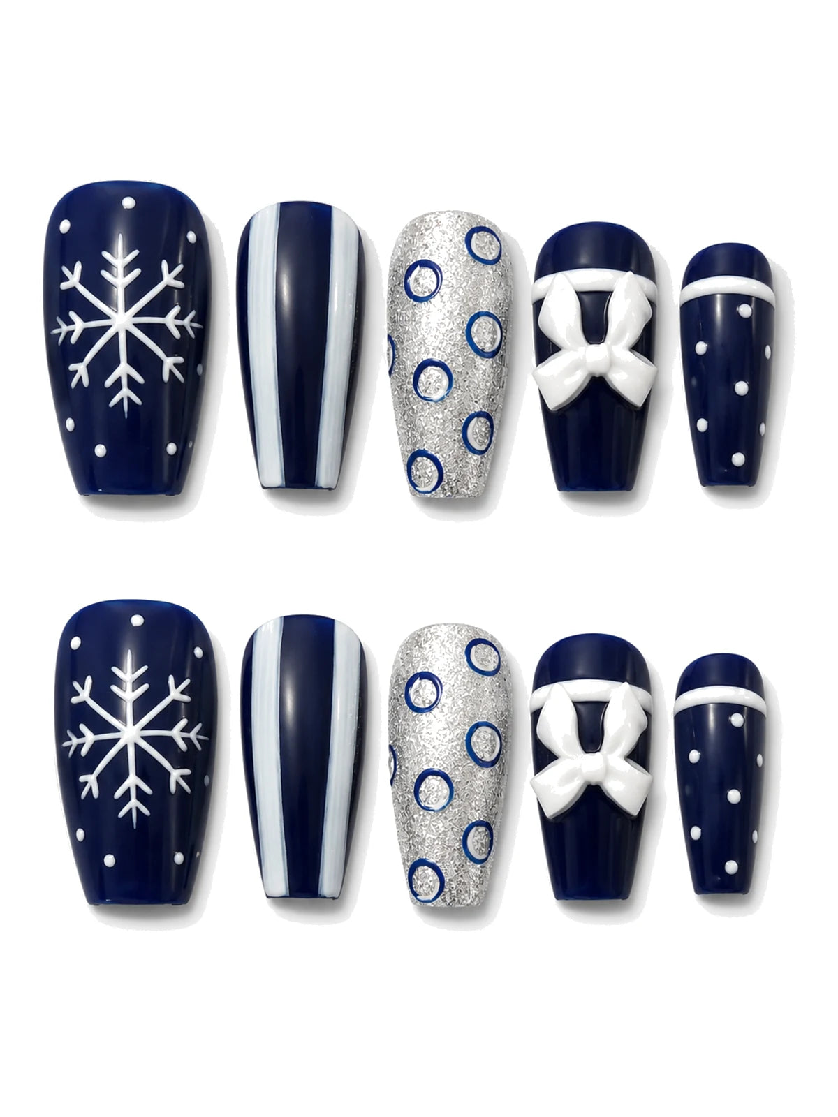 Navy Snow Bow press-on nails set