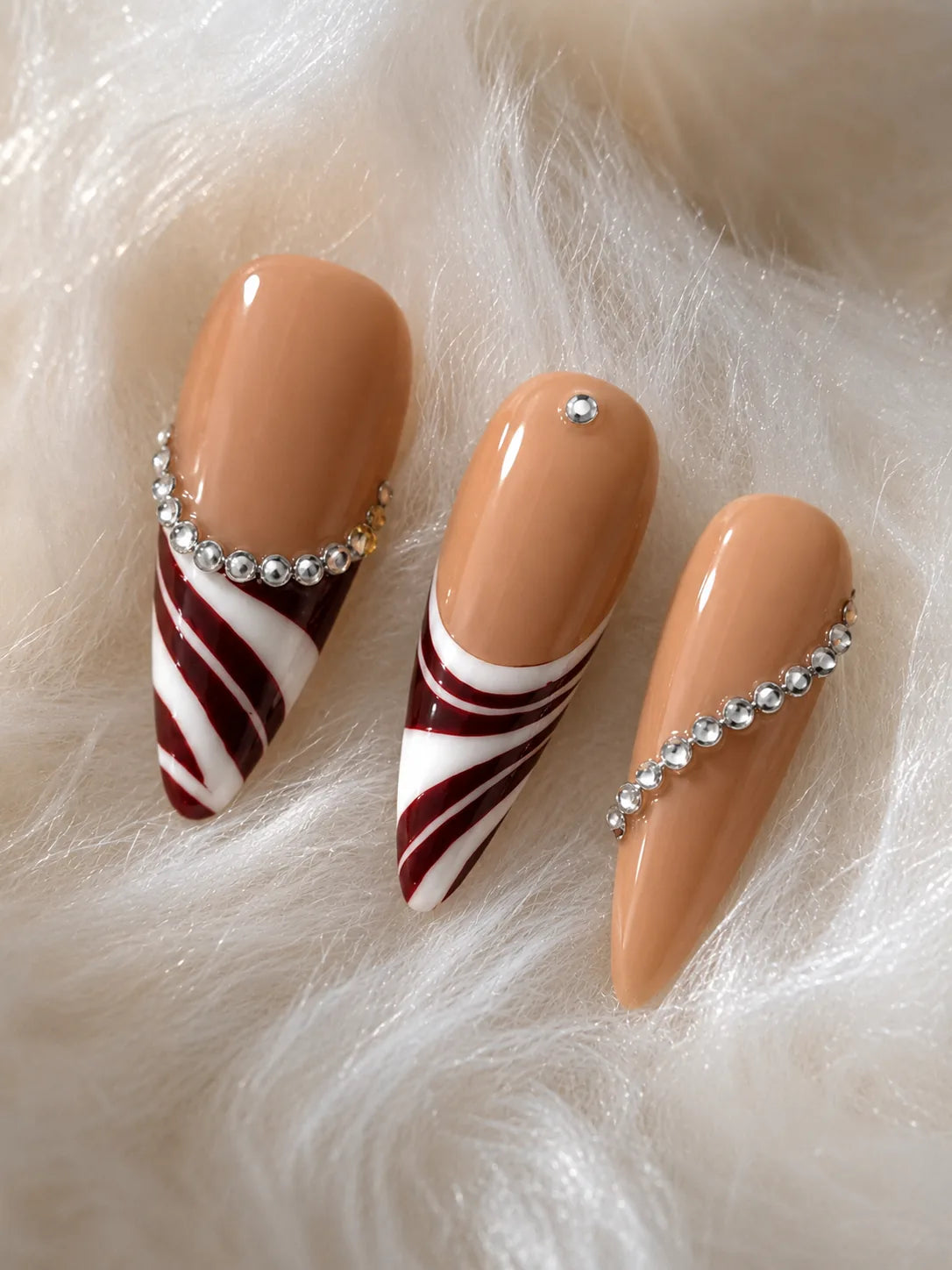 Nude Noel Candy Cane Press-On Nails - closeup