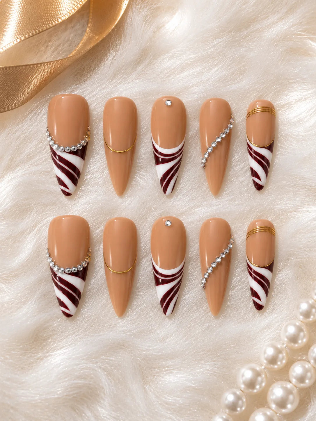 Nude Noel Candy Cane Press-On Nails - flatlay
