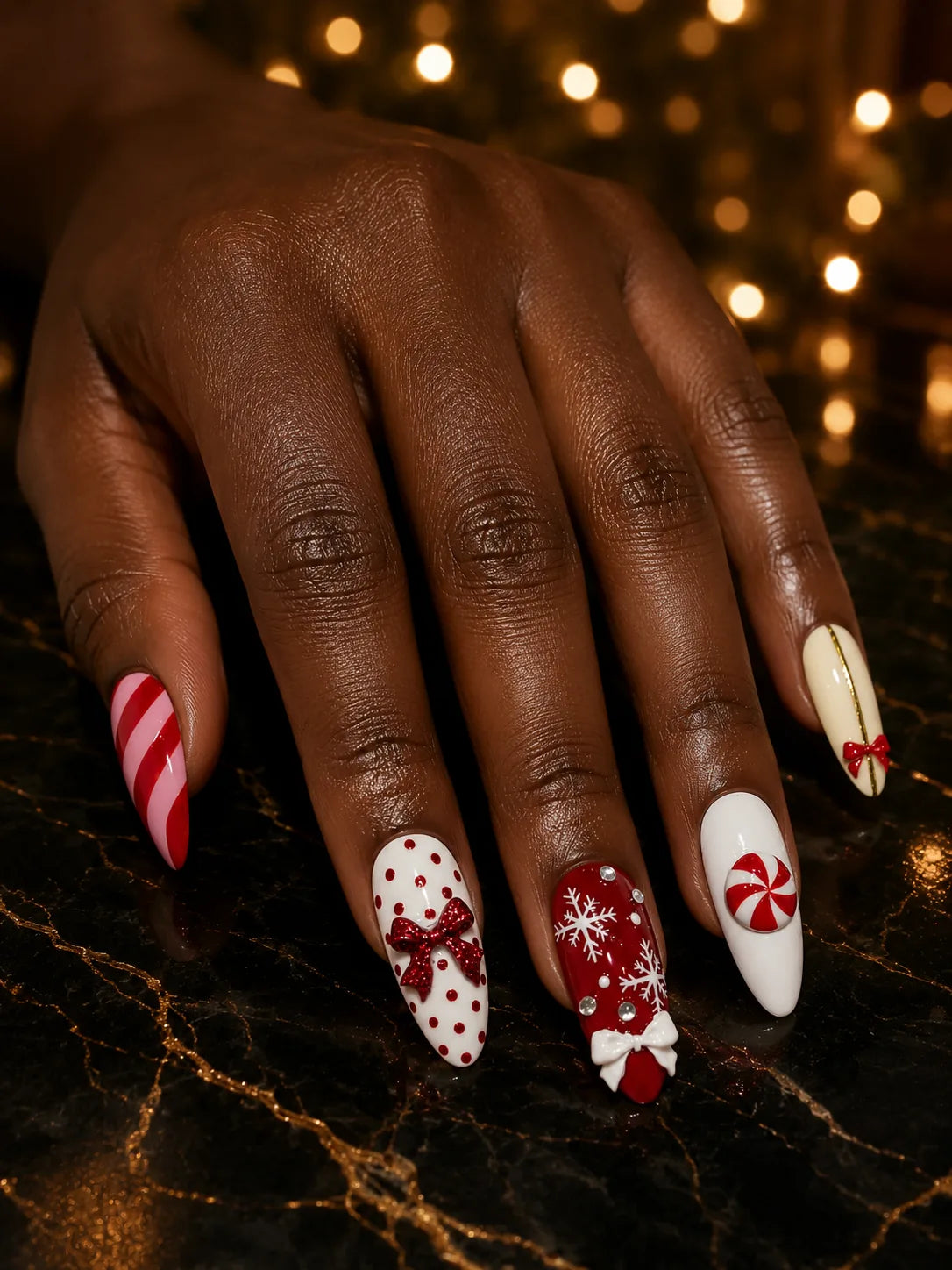 Peppermint Darling - Candy Stripe Bow Charm Press-On Nails - hand1