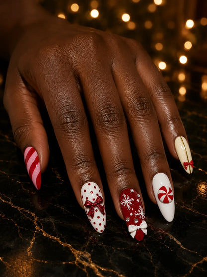 Peppermint Darling - Candy Stripe Bow Charm Press-On Nails - hand1