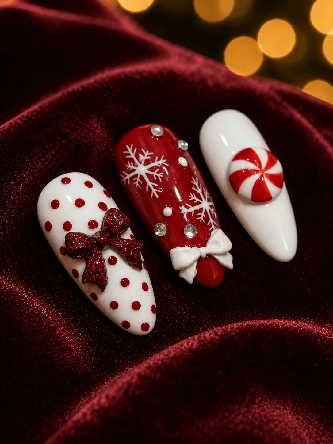 Peppermint Darling - Candy Stripe Bow Charm Press-On Nails - closeup