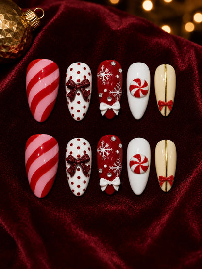 Peppermint Darling - Candy Stripe Bow Charm Press-On Nails - flatlay