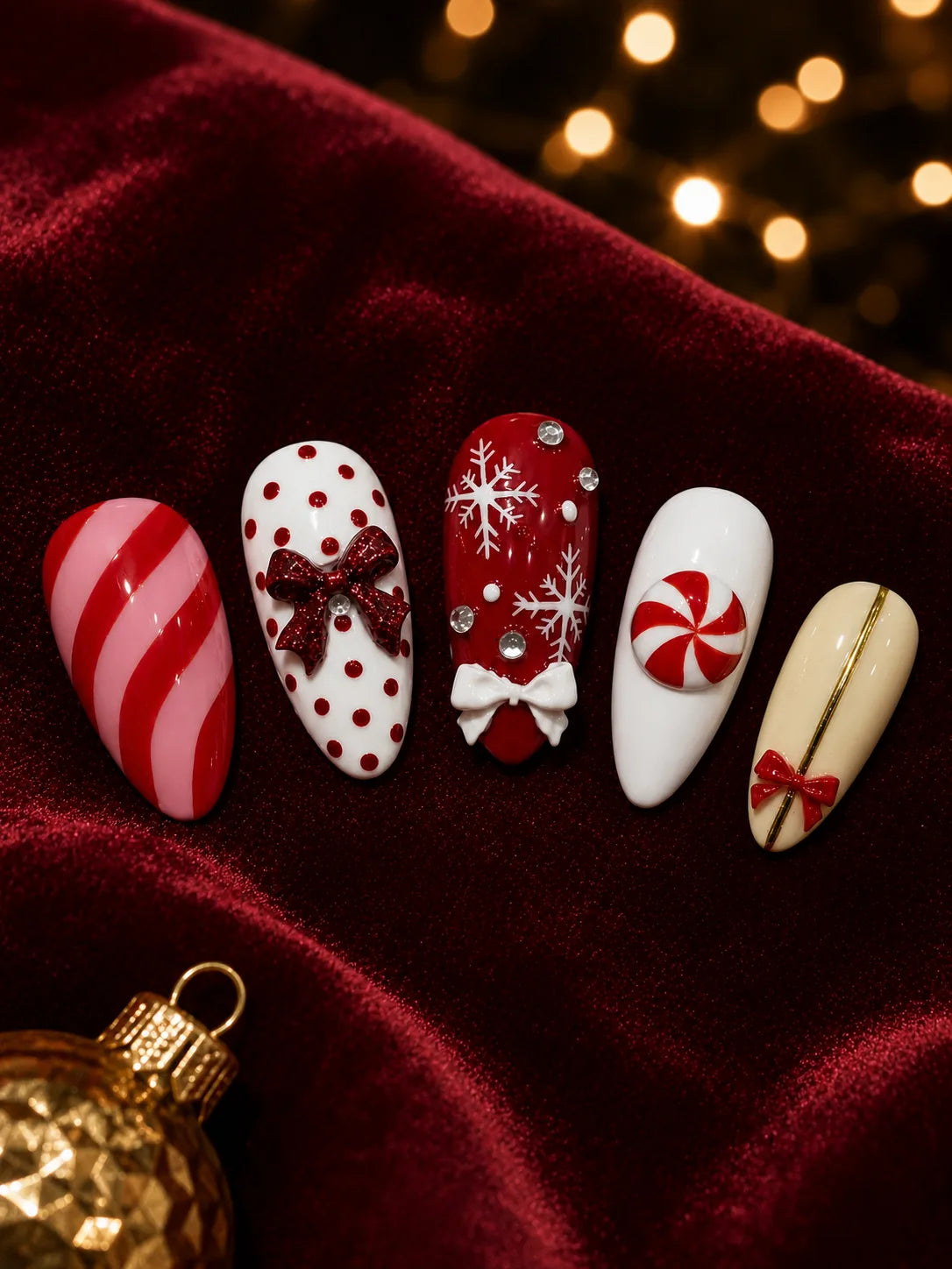 Peppermint Darling - Candy Stripe Bow Charm Press-On Nails - closeup2