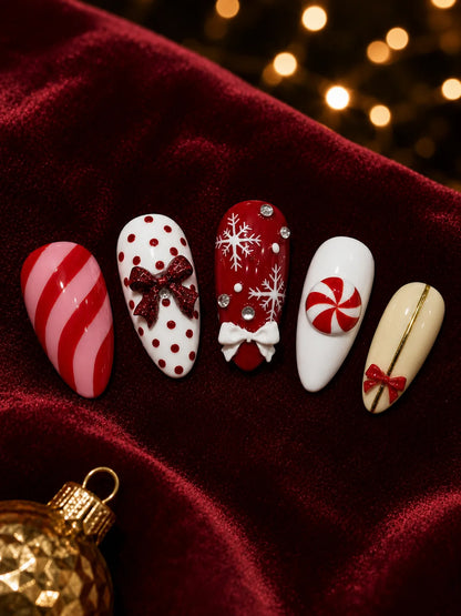 Peppermint Darling - Candy Stripe Bow Charm Press-On Nails - closeup2