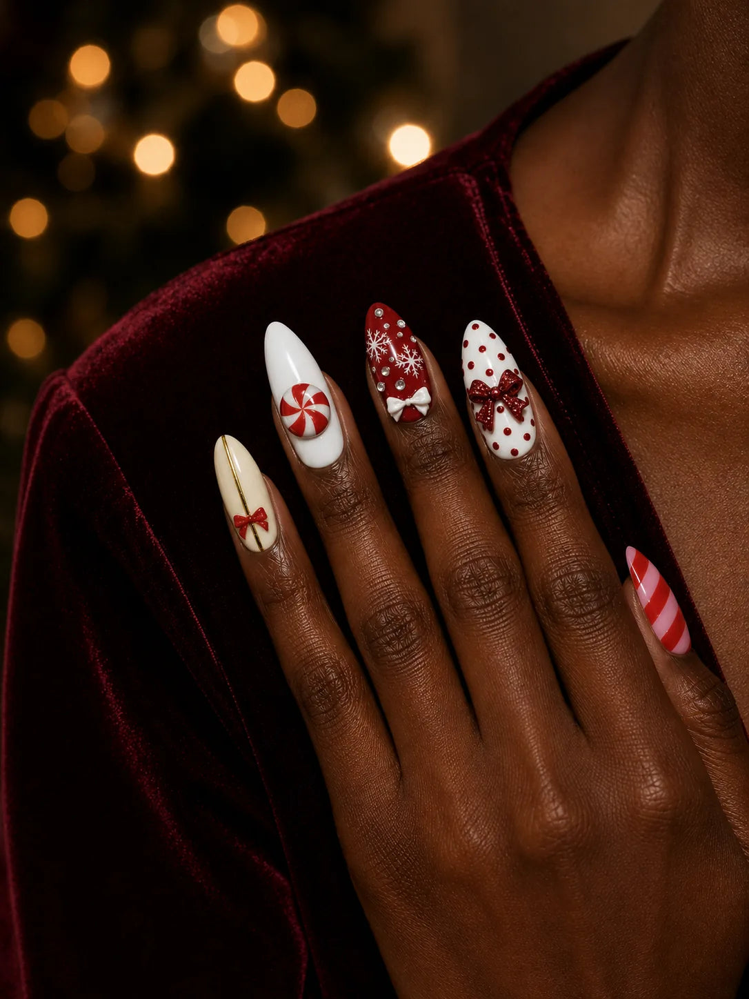 Peppermint Darling - Candy Stripe Bow Charm Press-On Nails - life2