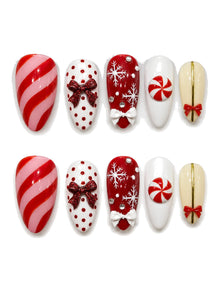 Peppermint Darling - Candy Stripe Bow Charm Press-On Nails