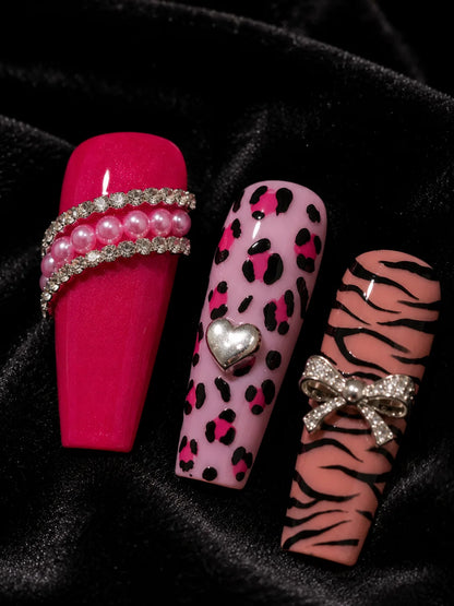Pink Panther Charm Leopard Press-On Nails - closeup