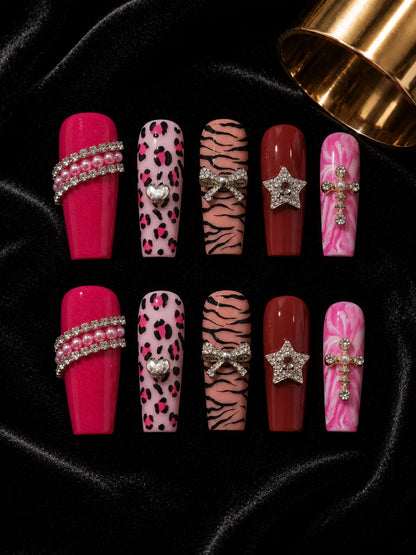 Pink Panther Charm Leopard Press-On Nails - flatlay