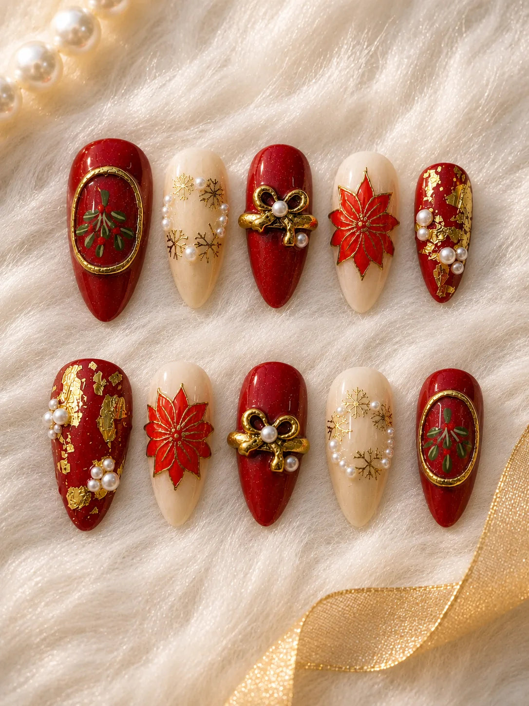 Poinsettia Gold Mistletoe Press-On Nails - flatlay