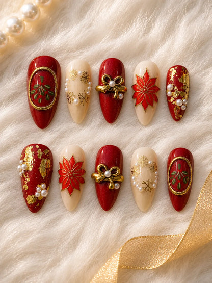 Poinsettia Gold Mistletoe Press-On Nails - flatlay