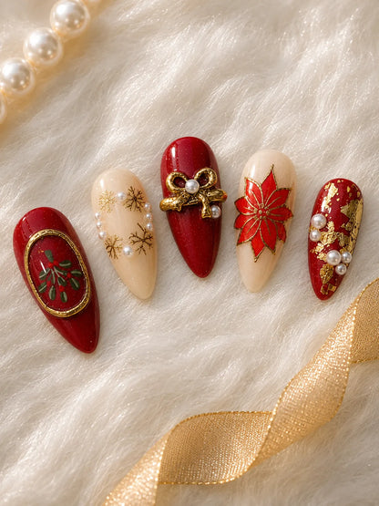 Poinsettia Gold Mistletoe Press-On Nails - closeup2