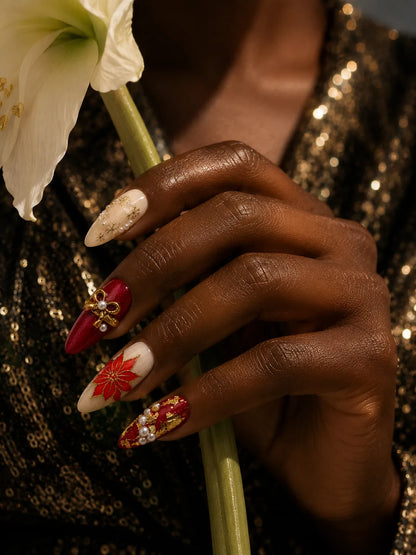 Poinsettia Gold Mistletoe Press-On Nails - life1