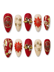Poinsettia Gold Mistletoe Press-On Nails