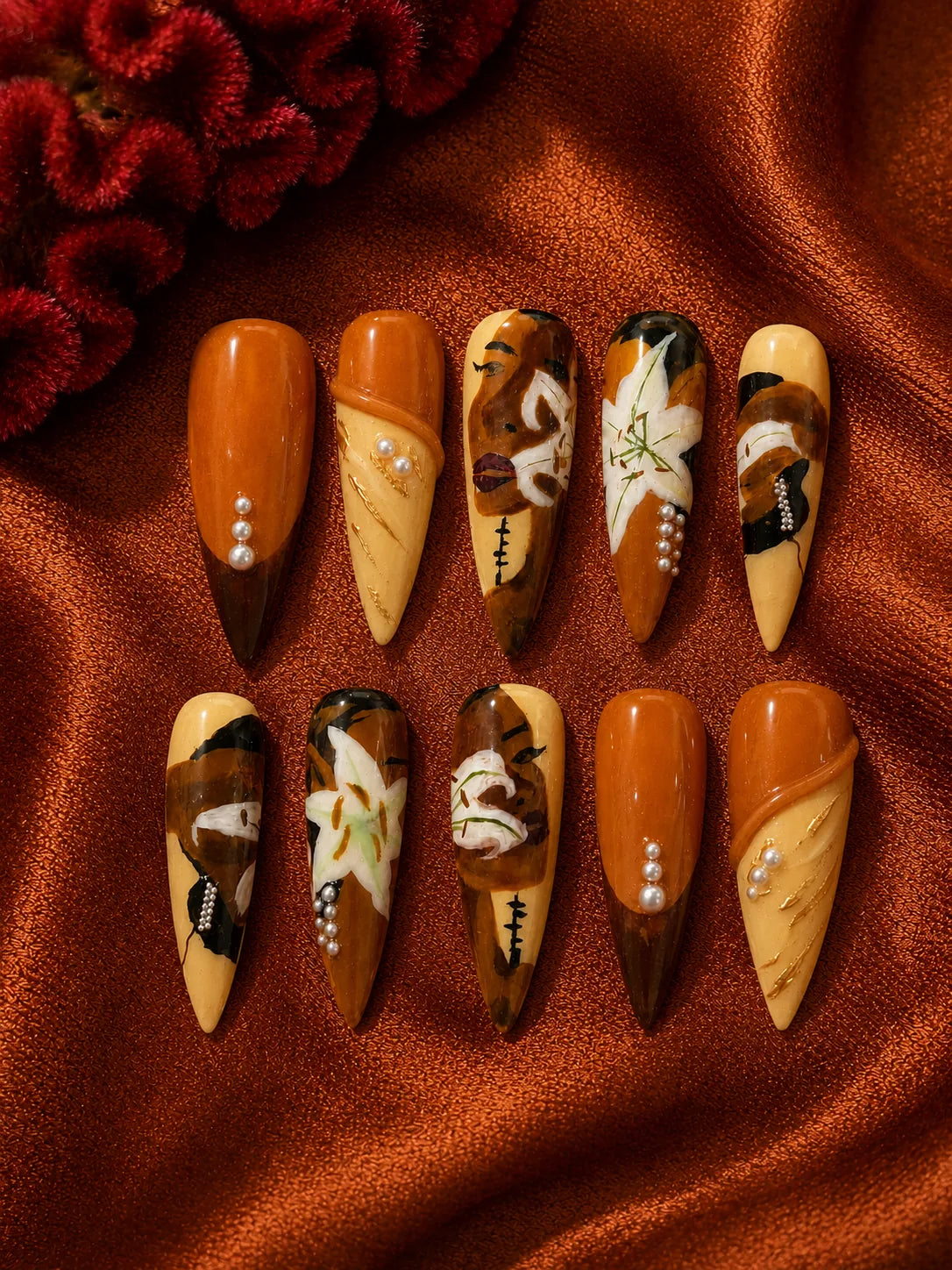 Portrait Lily Hand-Painted Press-On Nails - flatlay