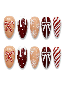 Ribbon Cane - Nude Candy Cane Icing Drip Press-On Nails