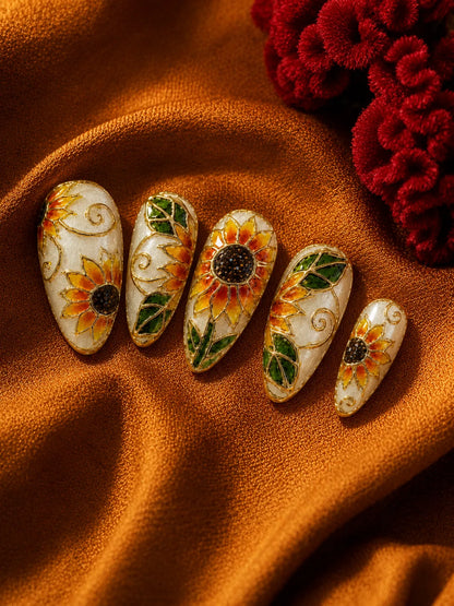 Stained Glass Sunflower Press-On Nails - closeup2