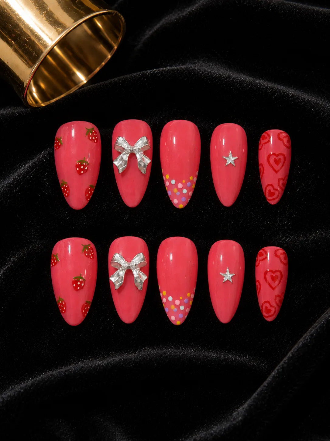 Strawberry Kiss Polka Dot Press-On Nails - flatlay