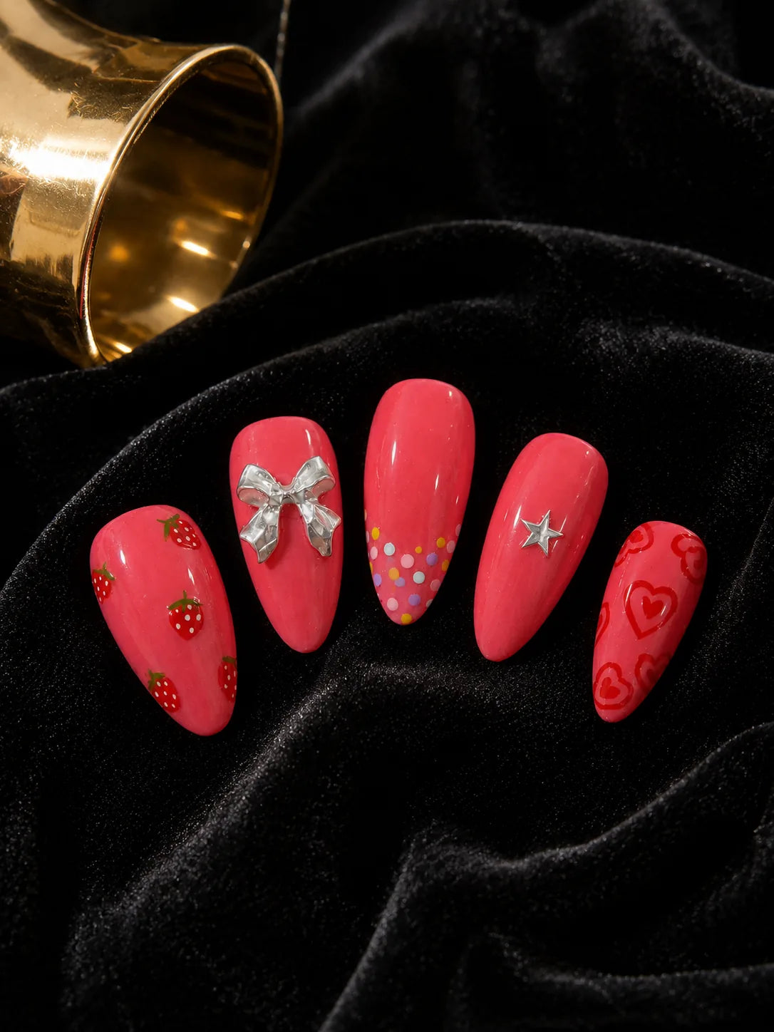 Strawberry Kiss Polka Dot Press-On Nails - closeup2
