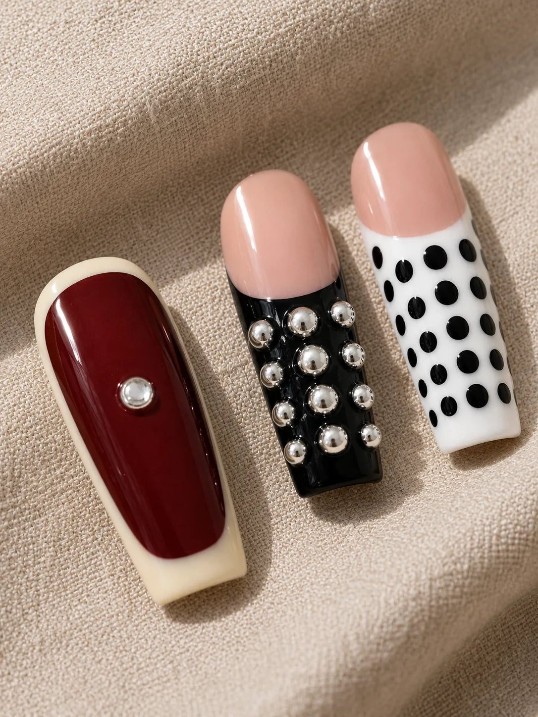 Studded Wine Polka Dot Press-On Nails - closeup