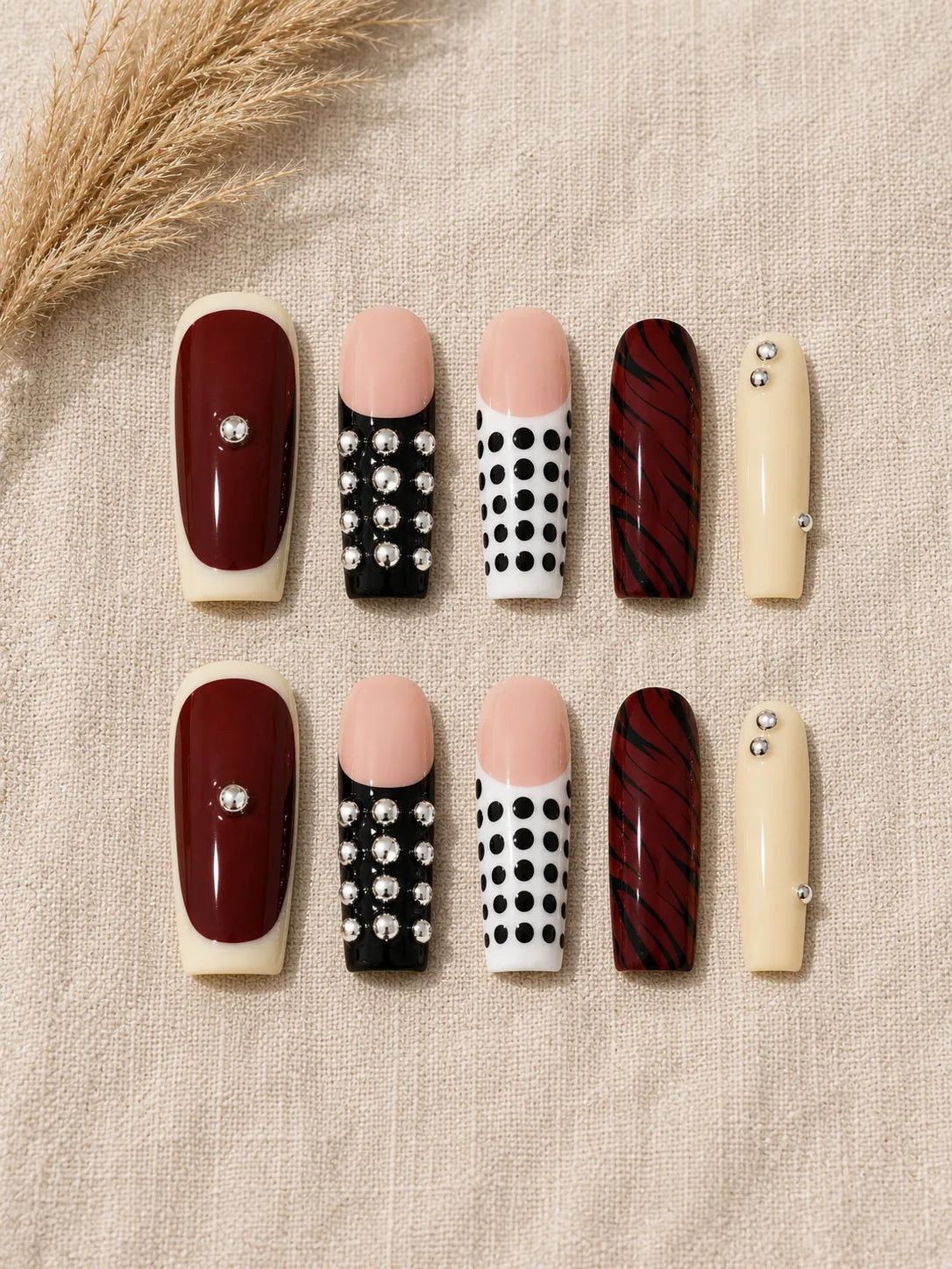 Studded Wine Polka Dot Press-On Nails - flatlay