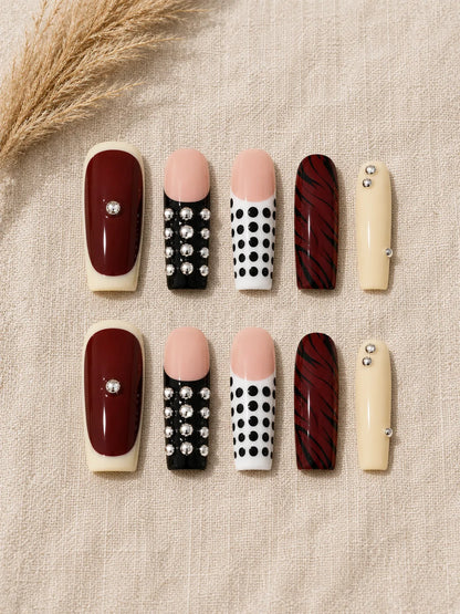 Studded Wine Polka Dot Press-On Nails - flatlay
