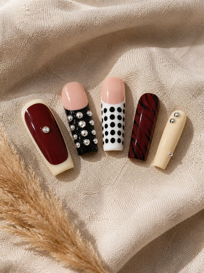 Studded Wine Polka Dot Press-On Nails - closeup2