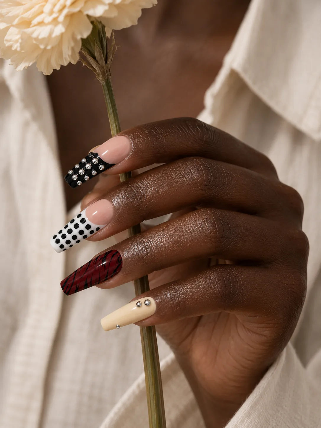 Studded Wine Polka Dot Press-On Nails - life1