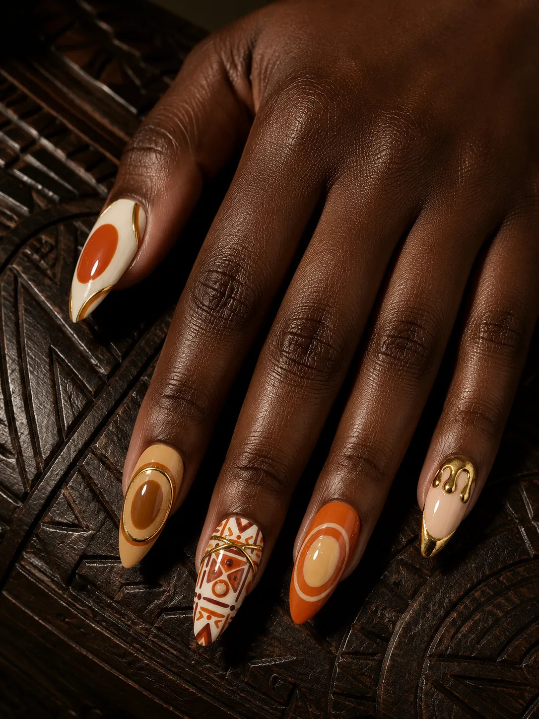 Terracotta Sun Gold Trim Press-On Nails - hand1