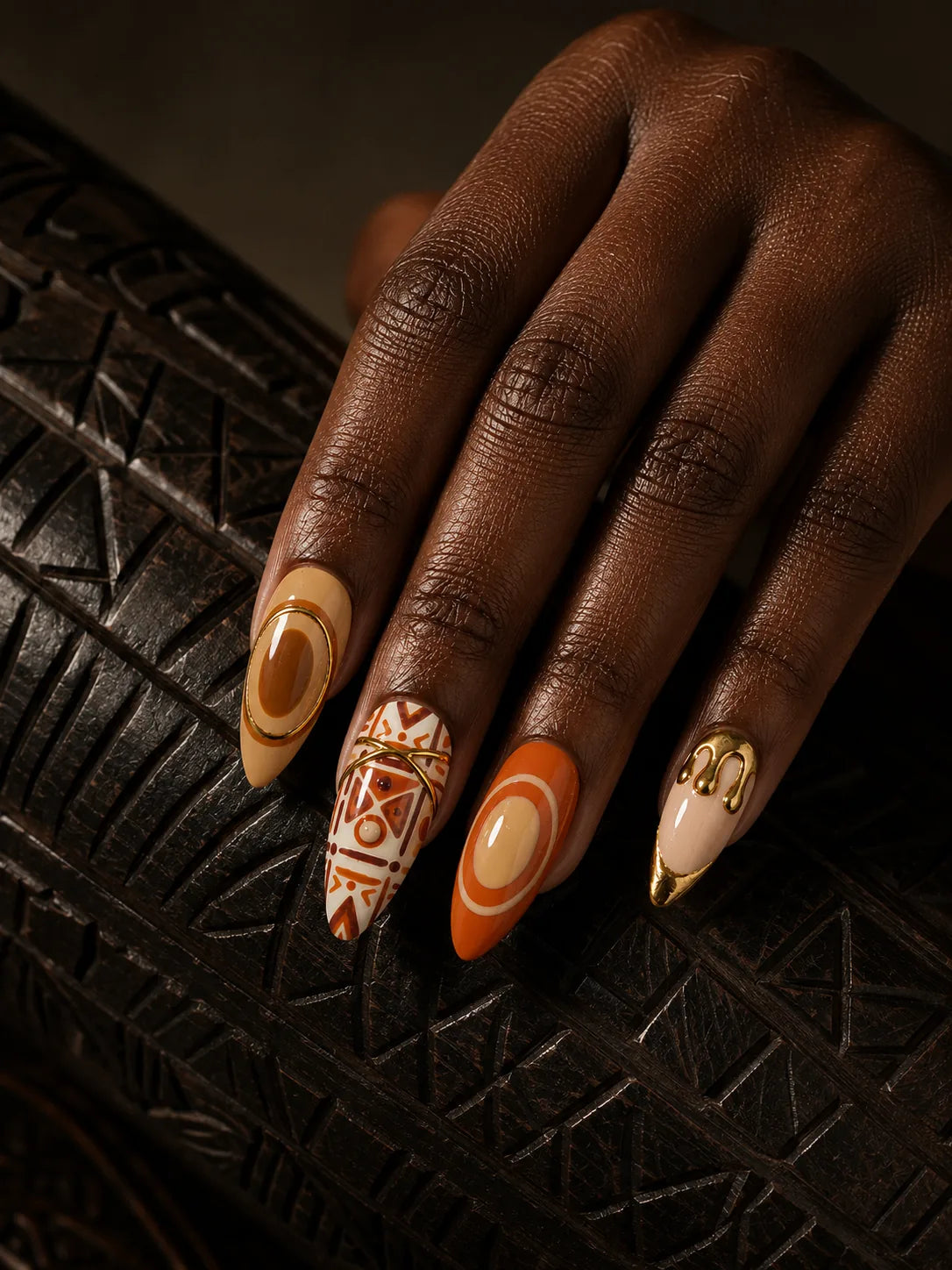 Terracotta Sun Gold Trim Press-On Nails - hand2