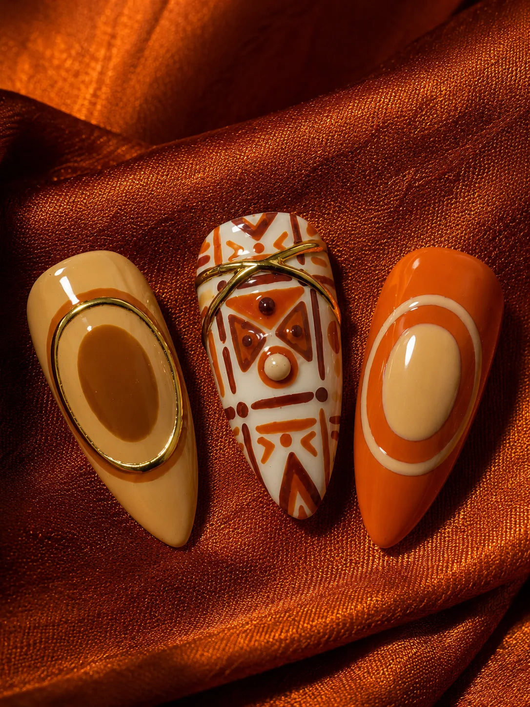 Terracotta Sun Gold Trim Press-On Nails - closeup