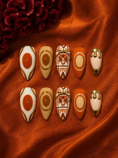 Terracotta Sun Gold Trim Press-On Nails - flatlay